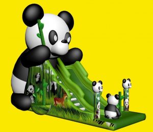 Opblaasbare glijbaan met panda's huren bij WE-inflate